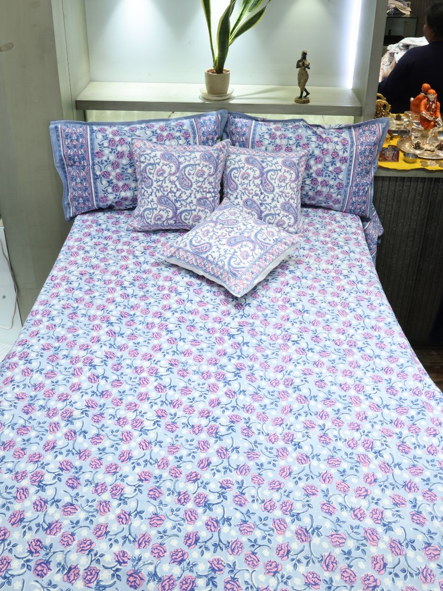 Pink Handblock Print Double Bedsheet