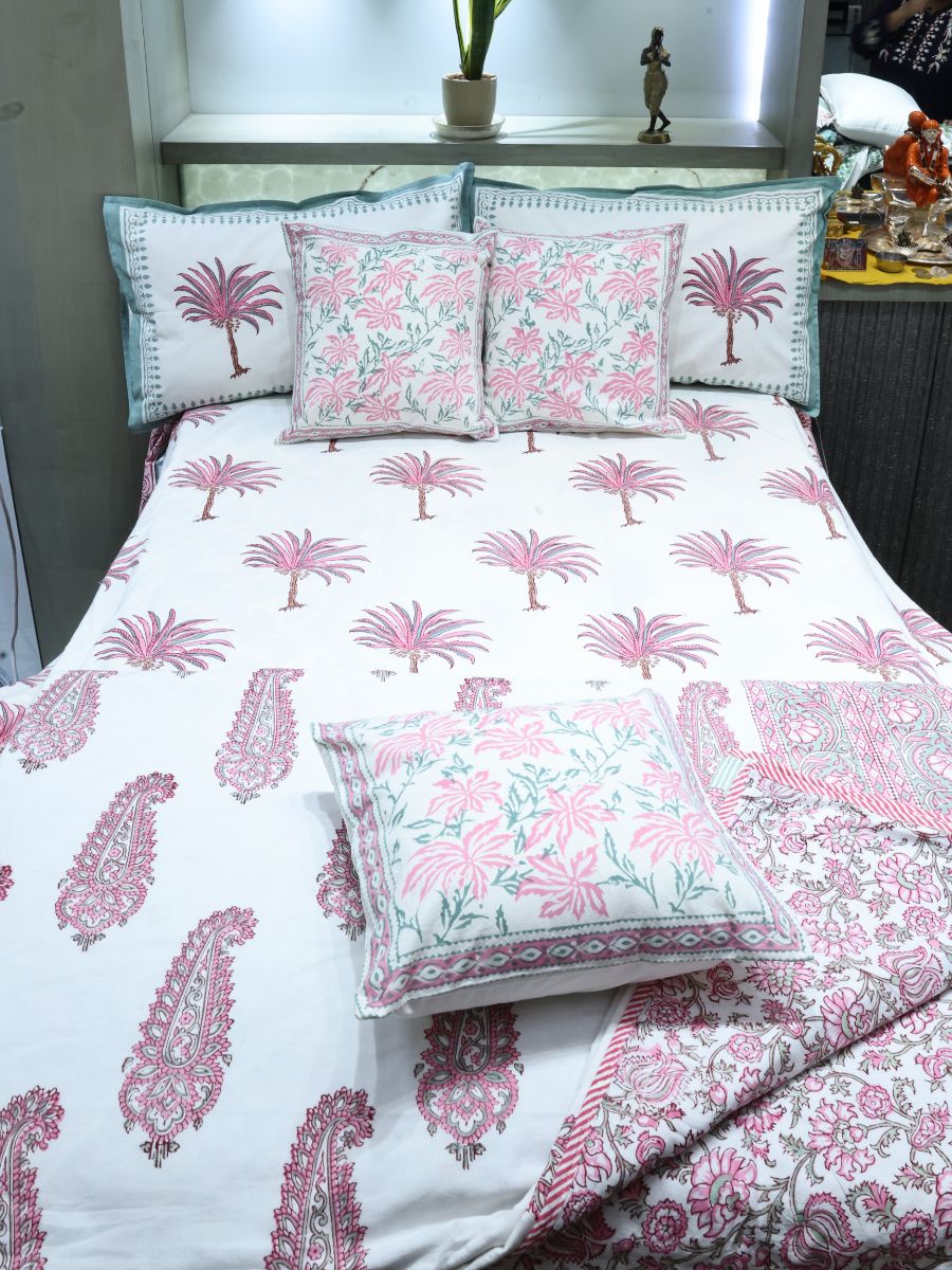 Pink Handblock Print Double Bedsheet