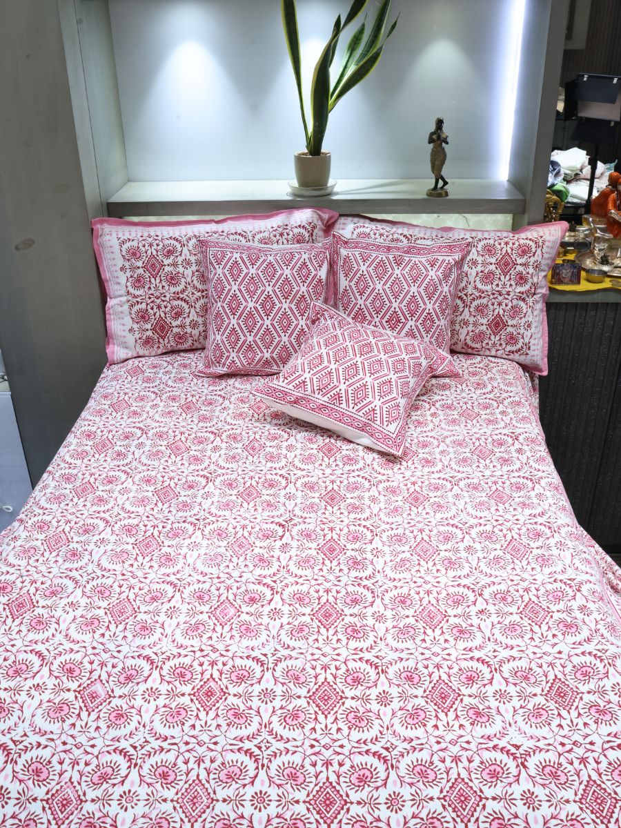 Pink Handblock Print Double Bedsheet