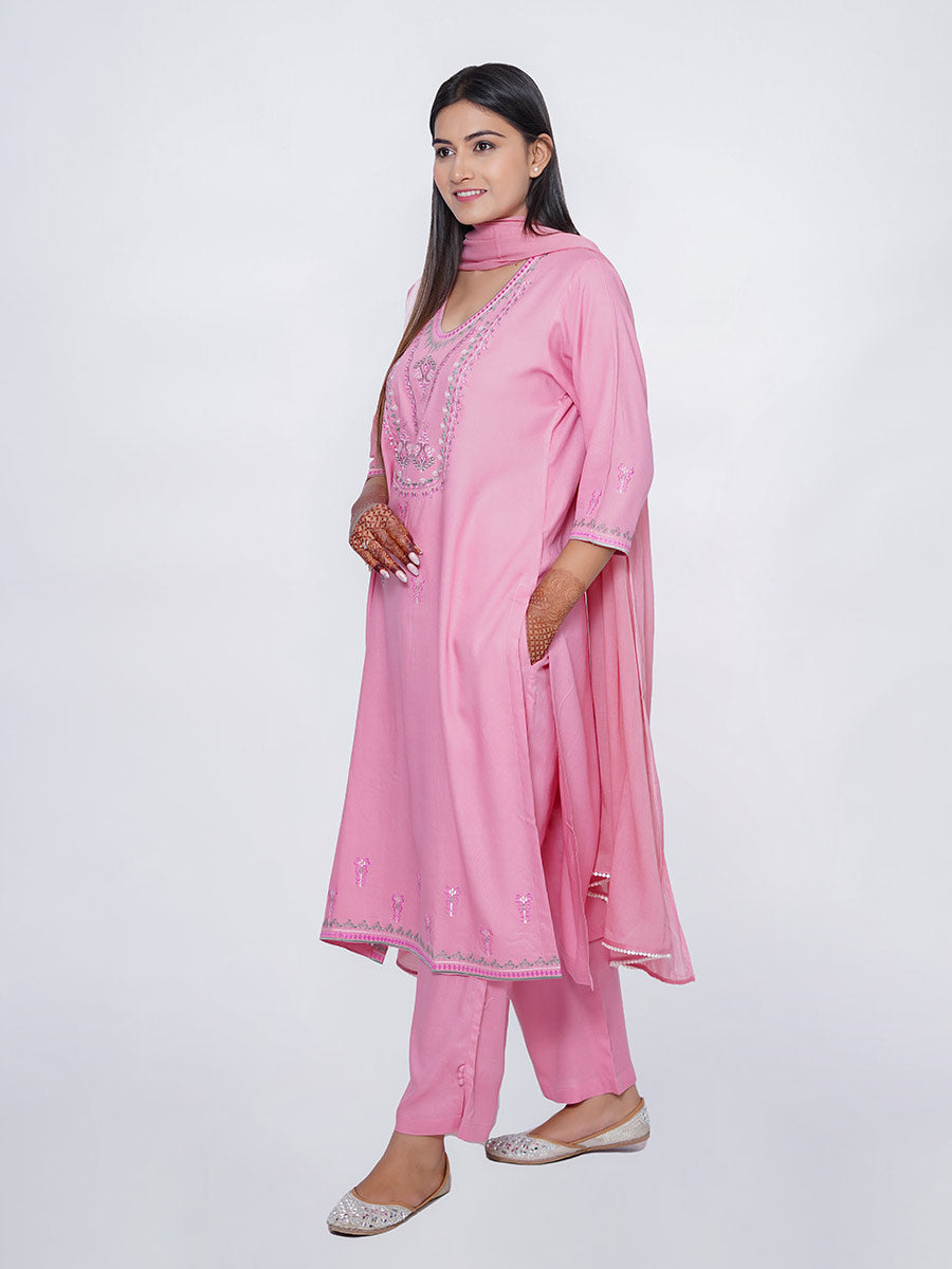 Pink Rayon Machine Work Kurta