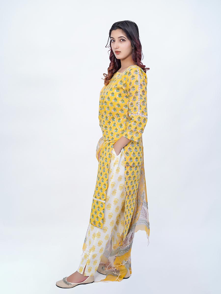 Yellow Cotton Block Print Suit Set