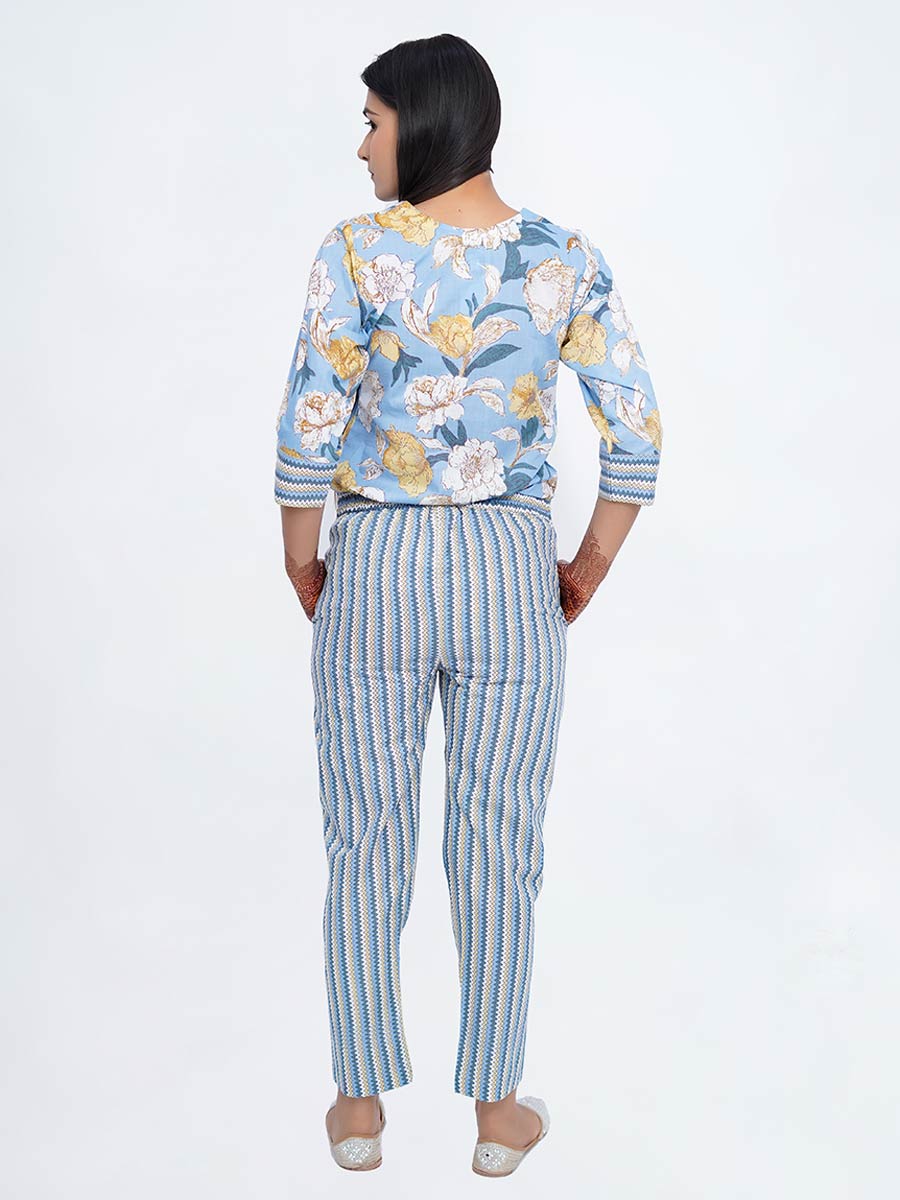 Blue Cotton Striped Printed Suit Set