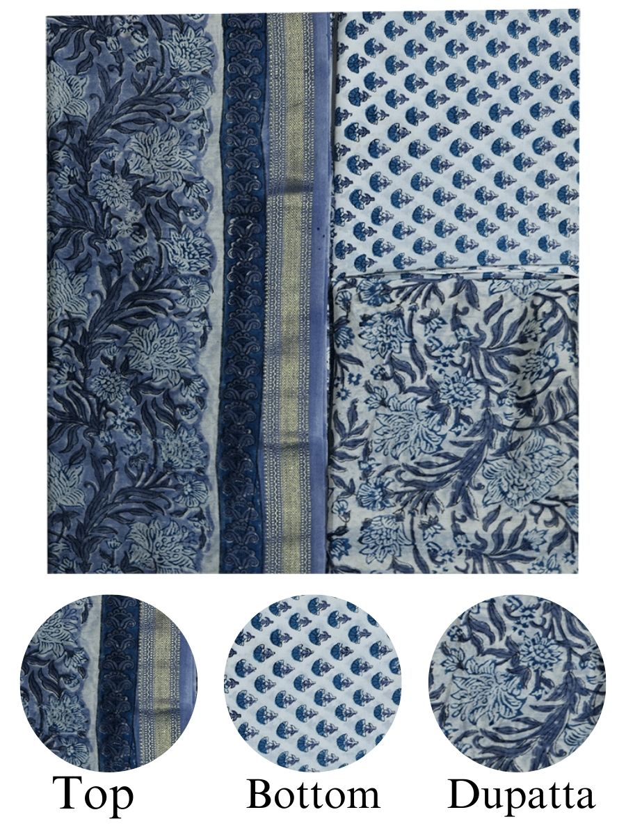 Blue Chanderi Kalamkari Print Style Unstitched Dress Material