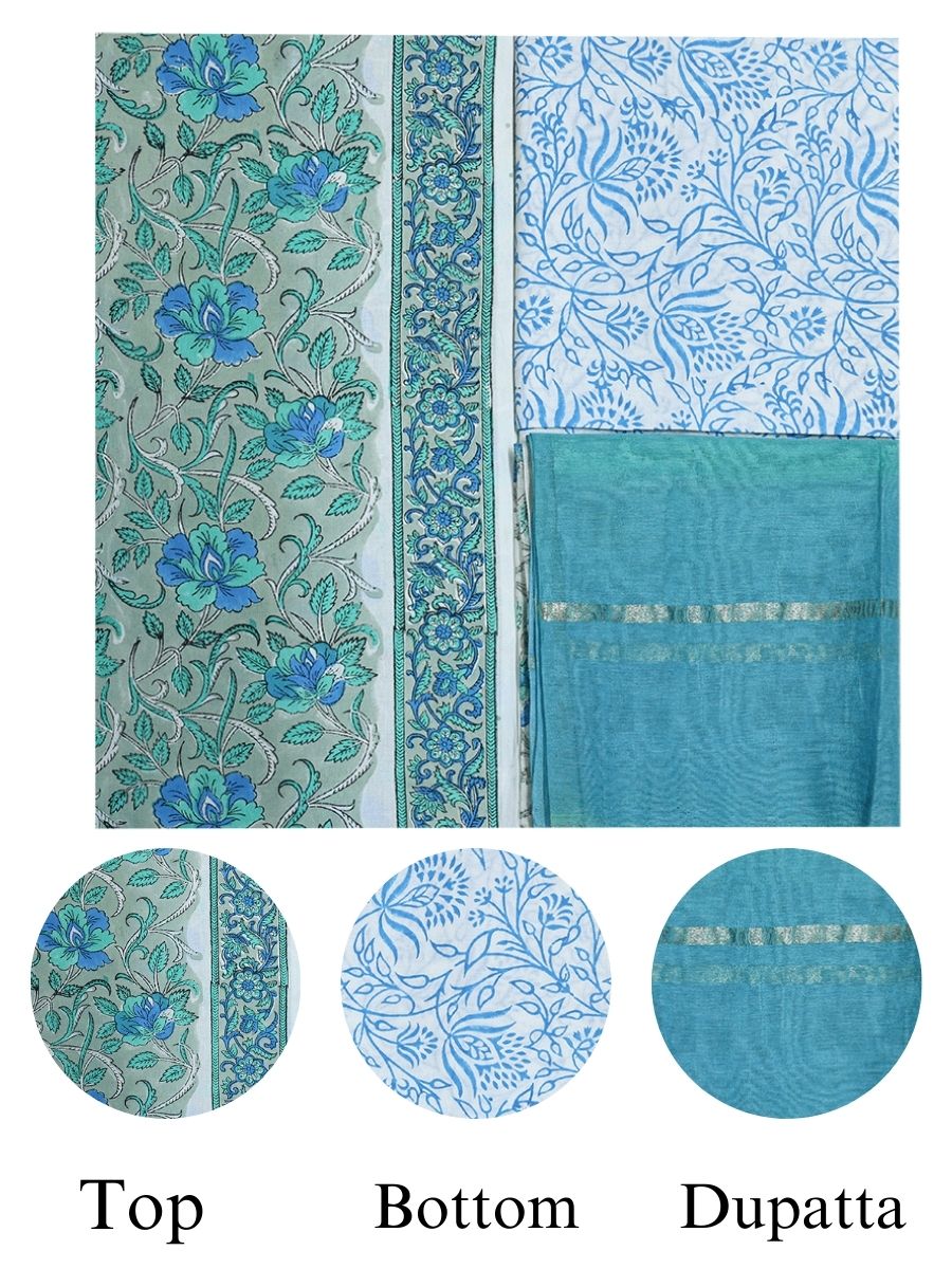Blue Cotton Dabu Print Style Unstitiched Dress Material