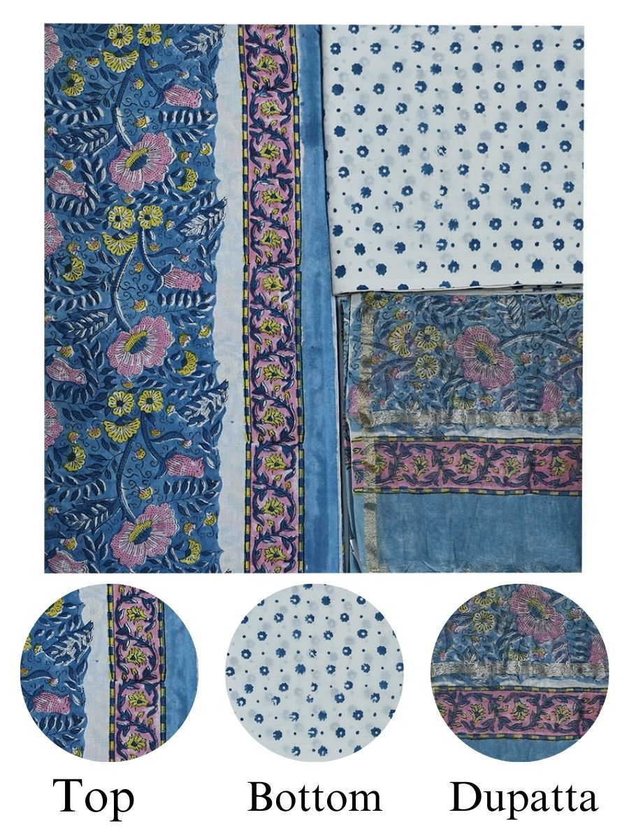 Blue Cotton Dabu Print Style Unstitiched Dress Material