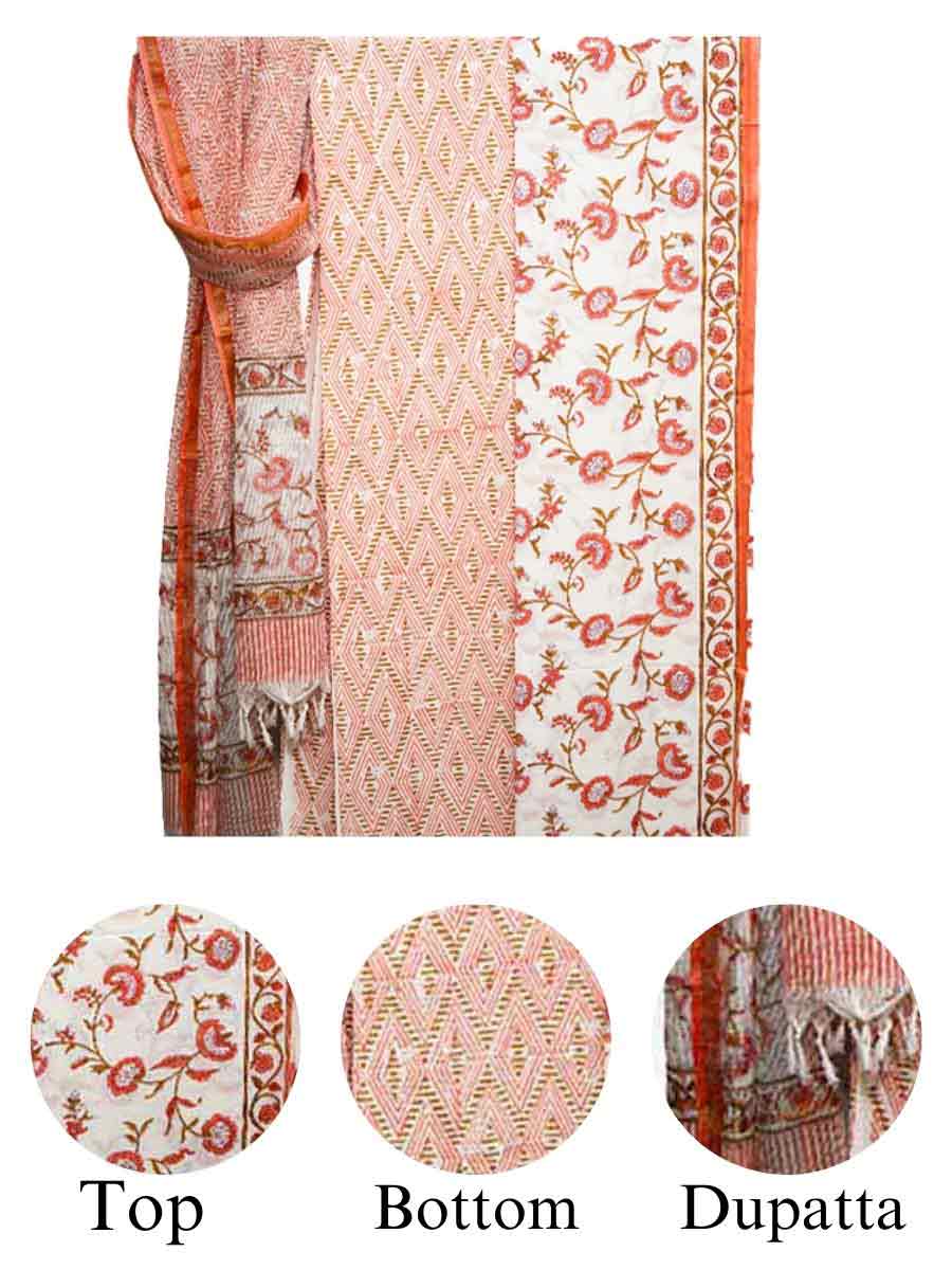 Orange Cotton Block Print Style Unstitiched Dress Material