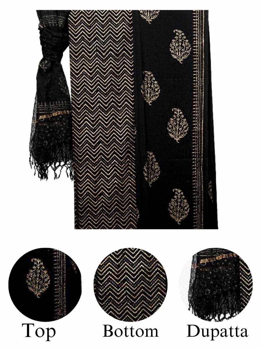 Black Cotton Block & Zig zag Print Style Unstitiched Dress Material