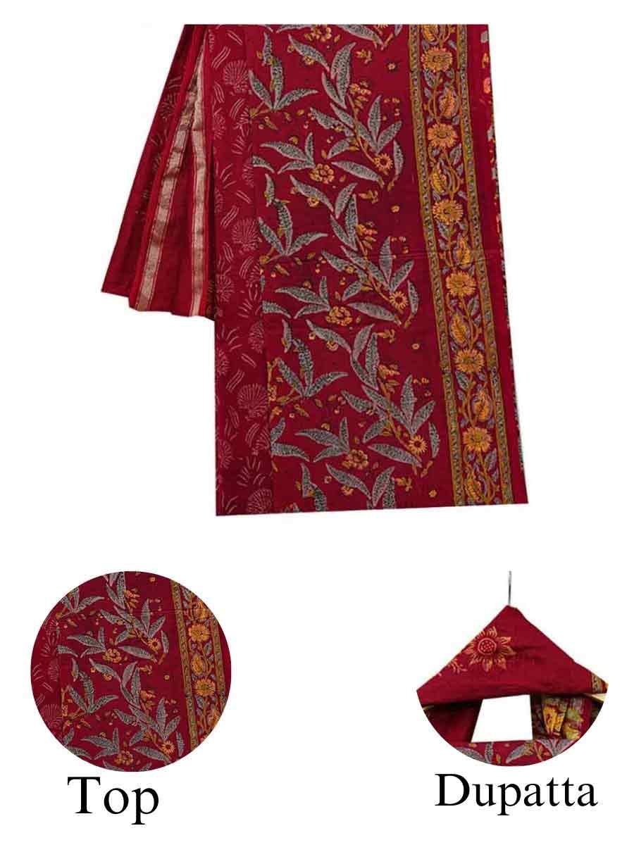 Red Cotton Dabu Print Chanderi Dupatta Style Unstitiched Dress Material