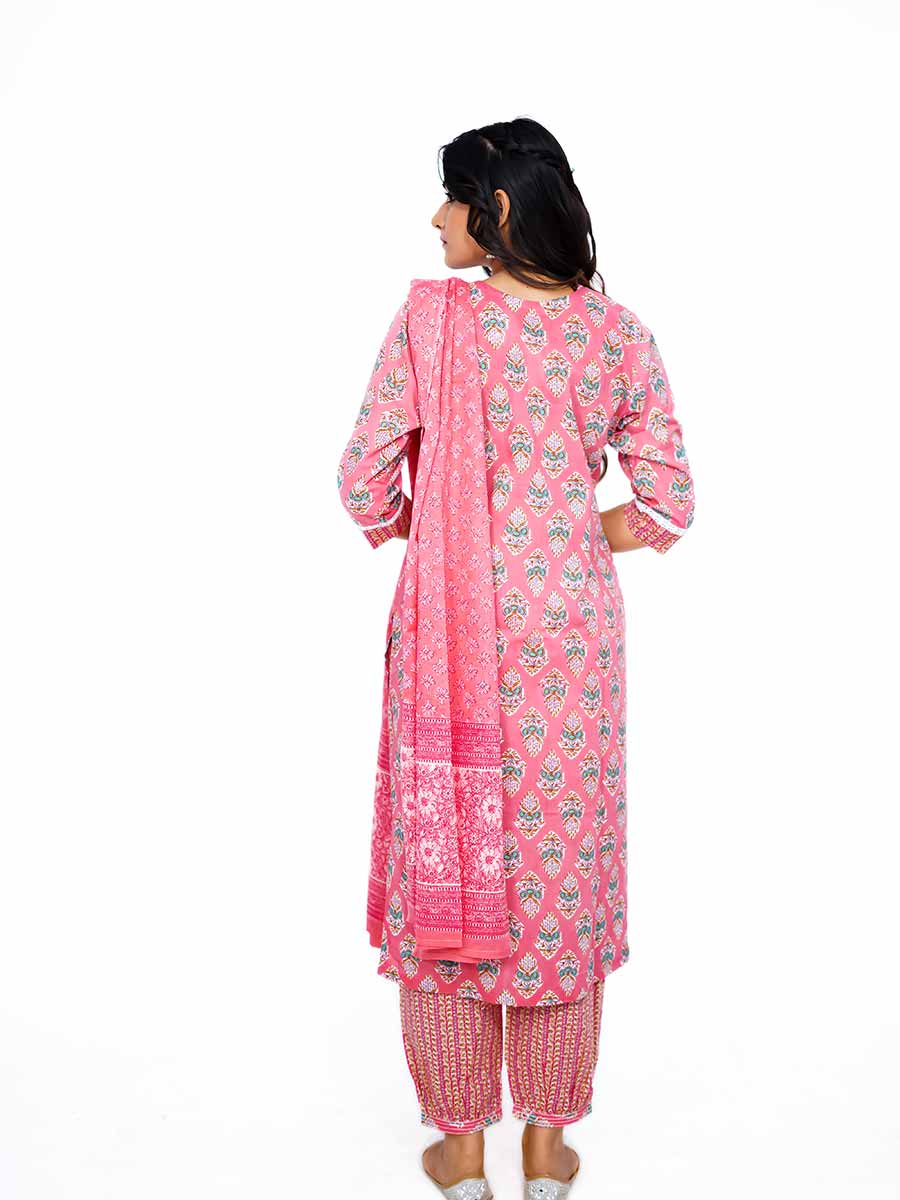 Pink Bagru Print Cotton Kurta