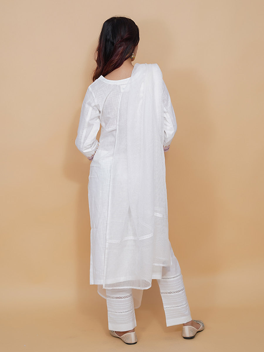 White Machine Work Cotton Kurta