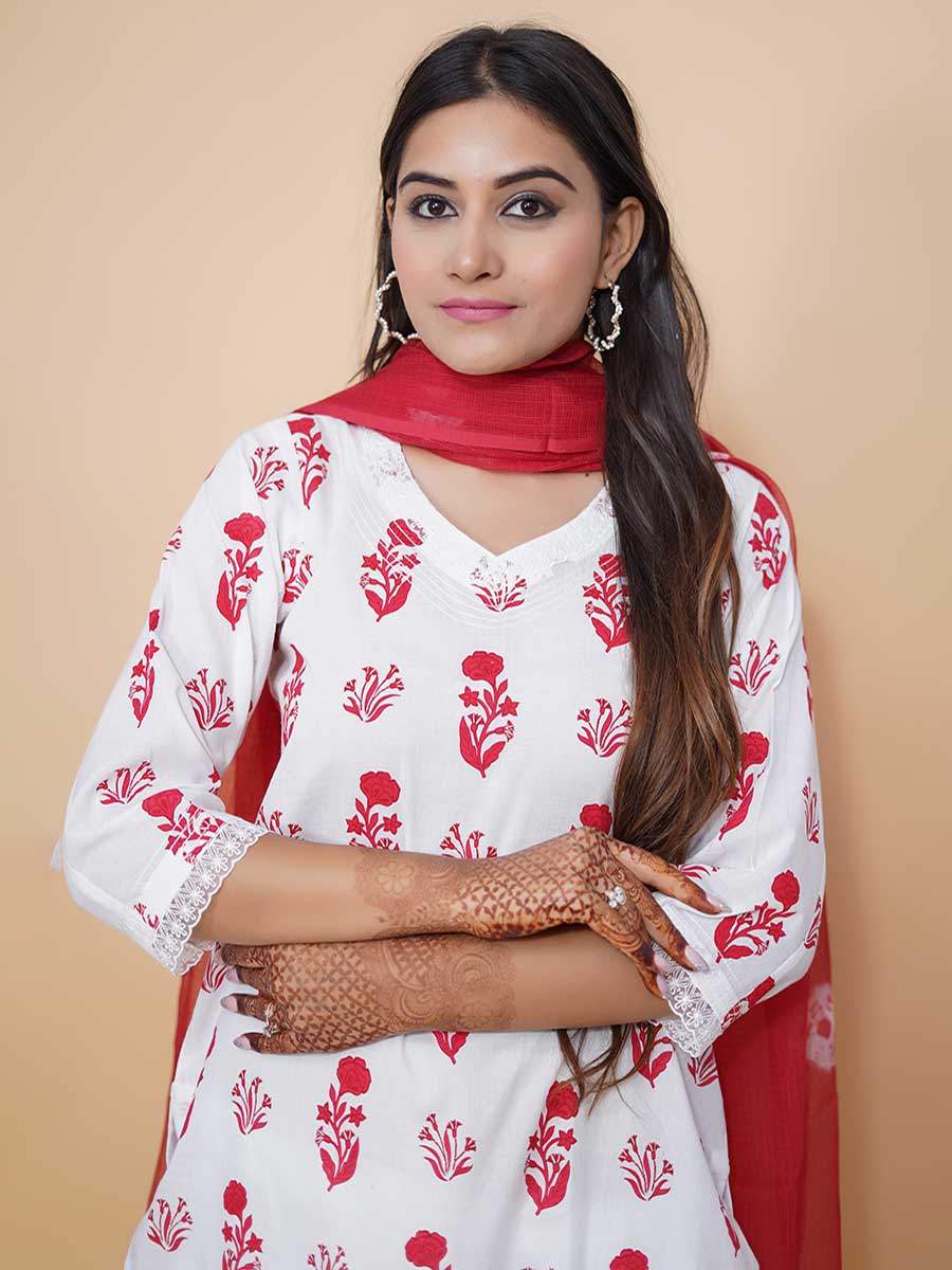 Red Block Print Cotton Kurta