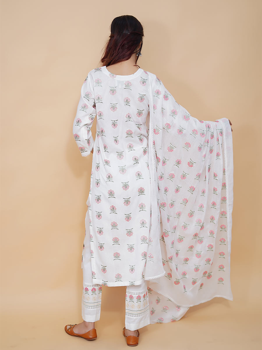 White Block Print Rayon Kurta