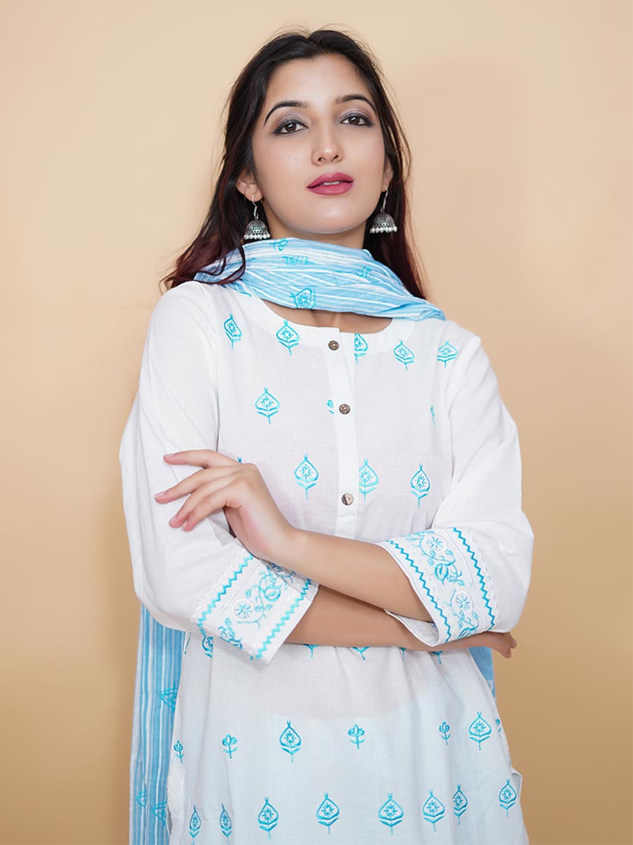 White Machine Work Cotton Kurta