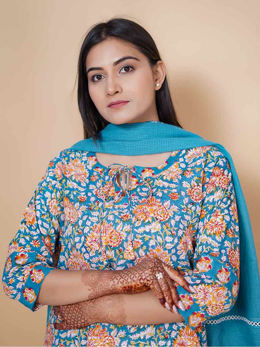 Blue Kalamkari Print Cotton Kurta