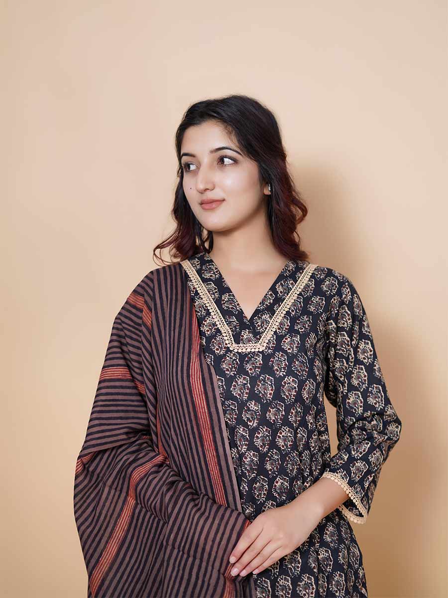 Black Block Print Cotton Kurta