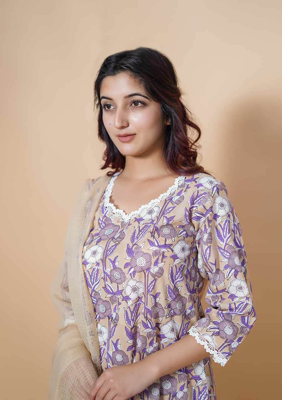 Purple Dabu Print Cotton Kurta