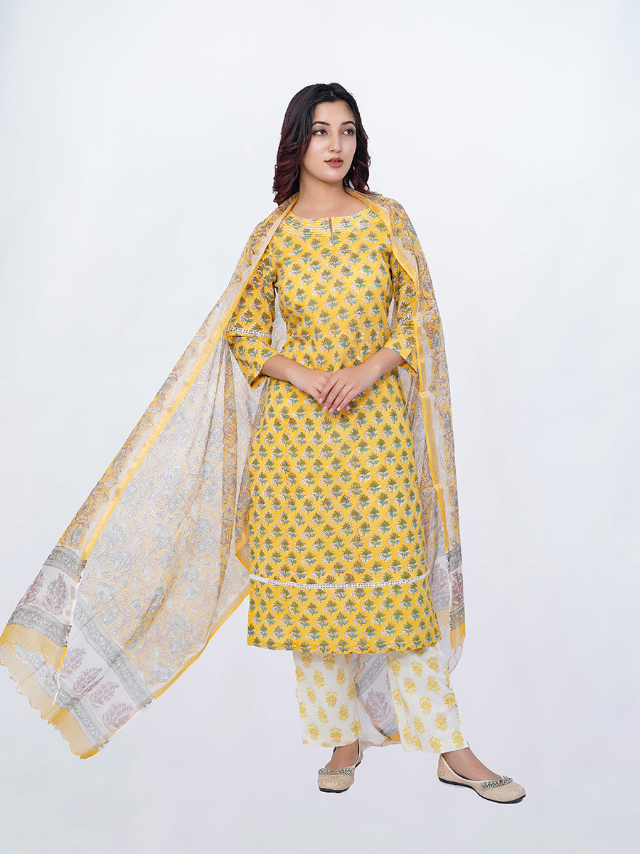 Yellow Block Print Cotton Kurta