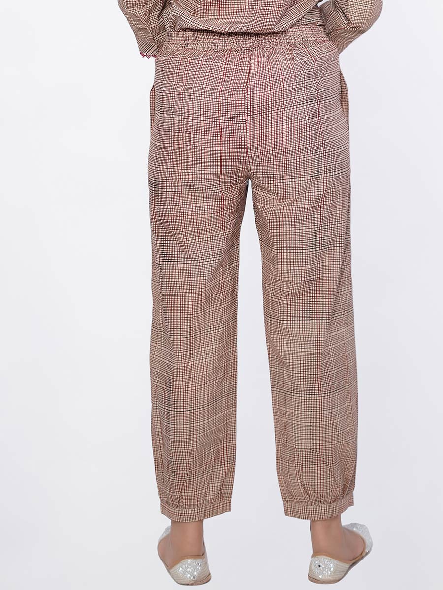 Brown Checked Print Cotton Harem