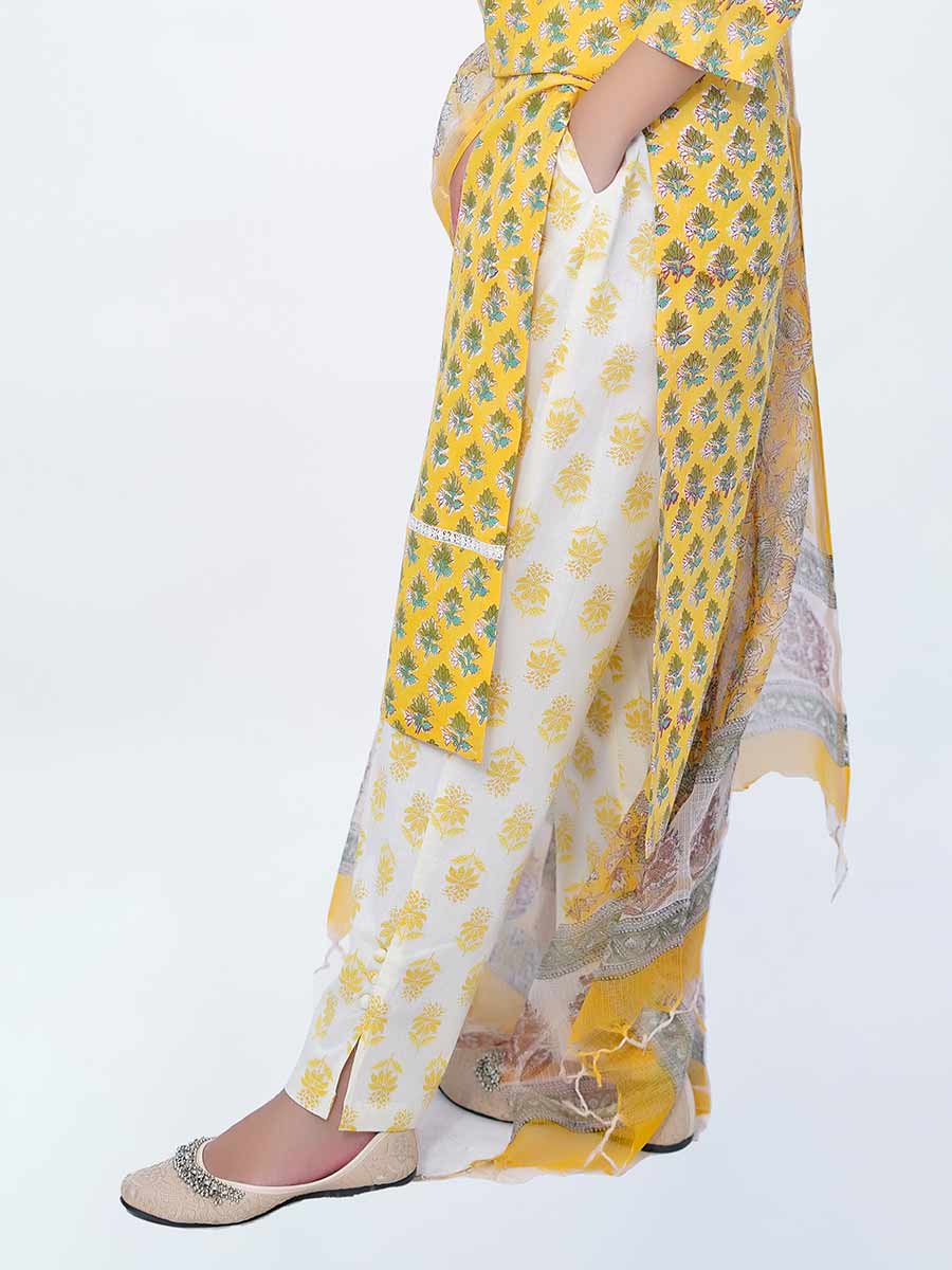 Yellow Block Print Cotton Pant