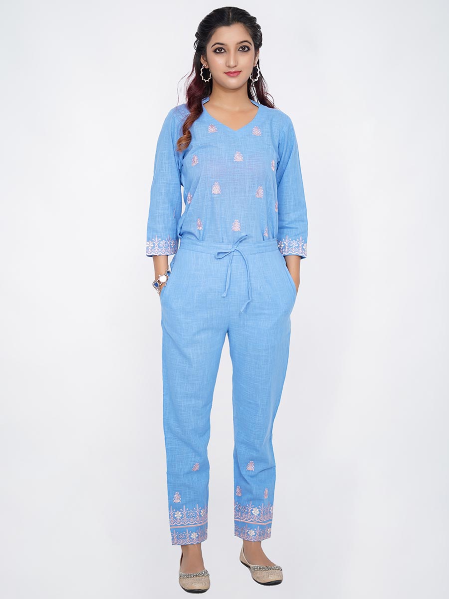 Blue Machine Work Linen Pant