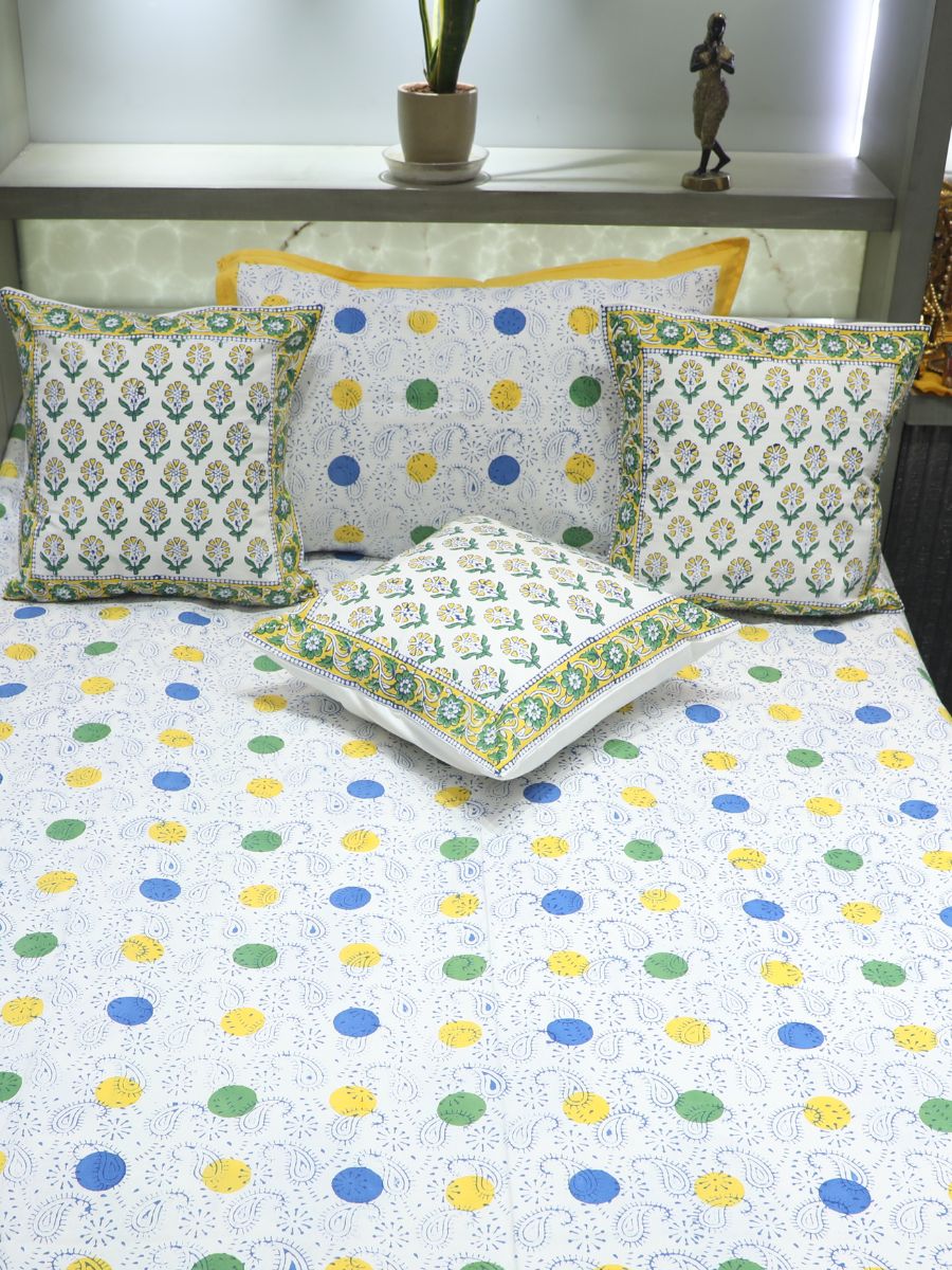 Yellow Handblock Print Single Bedsheet