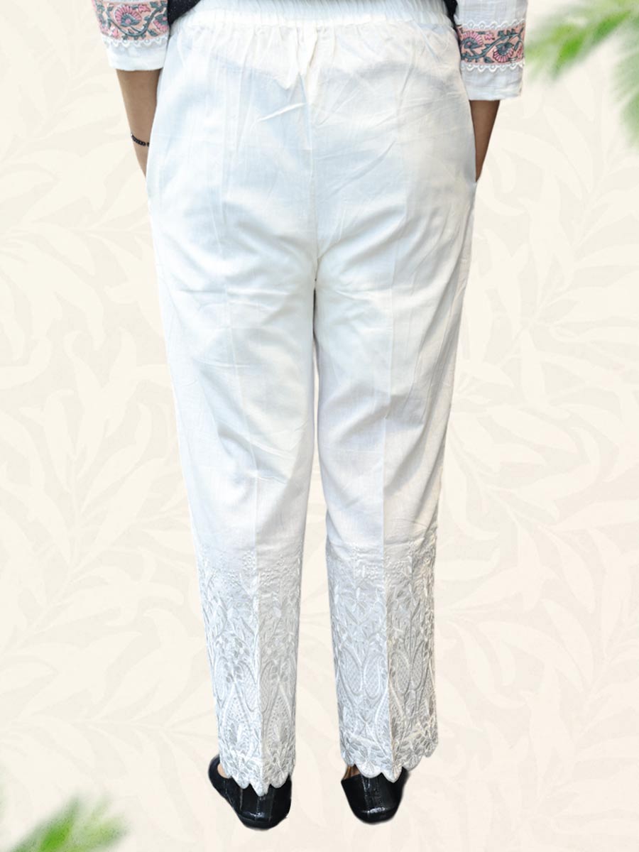 White Machine Work Cotton Pant