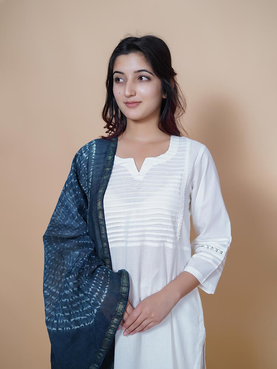 White Cotton Suit Indigo Printed Dupatta Suit Set