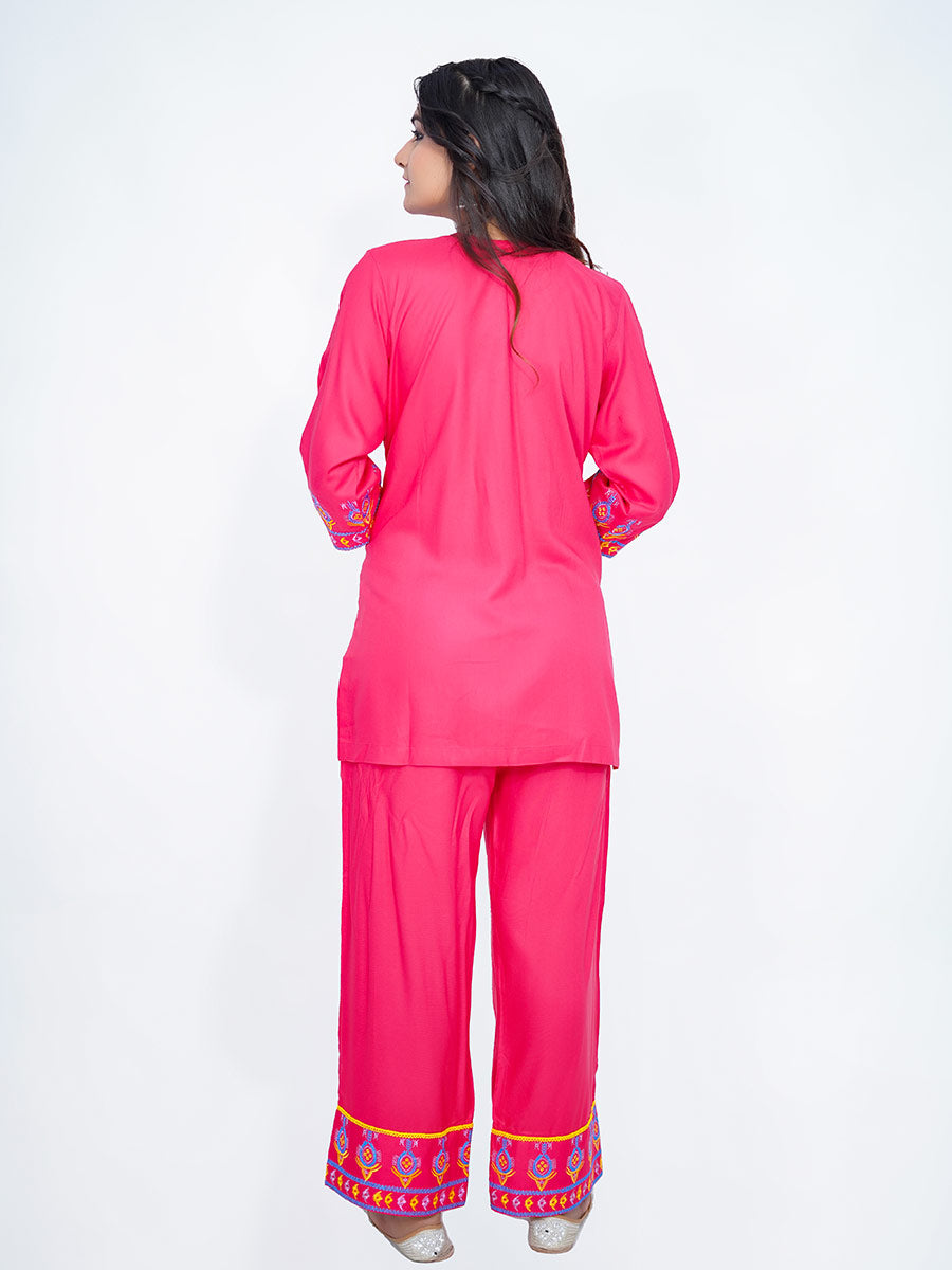 Pink Embroidered Rayon Co-ord Set