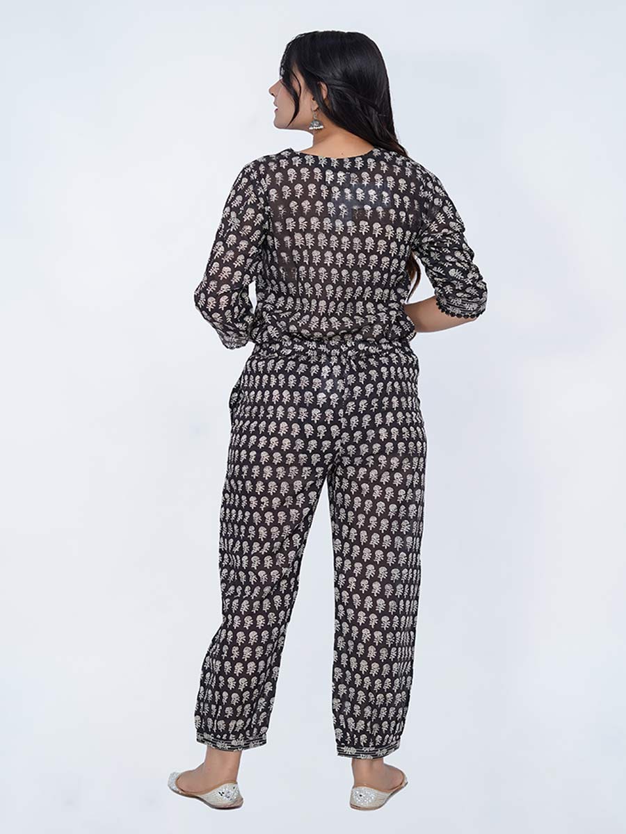 Black Cotton Block Print Suit Set