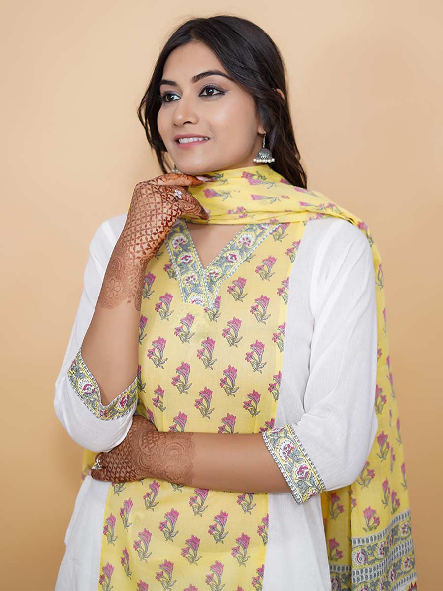 Yellow Cotton Block Print Suit Set