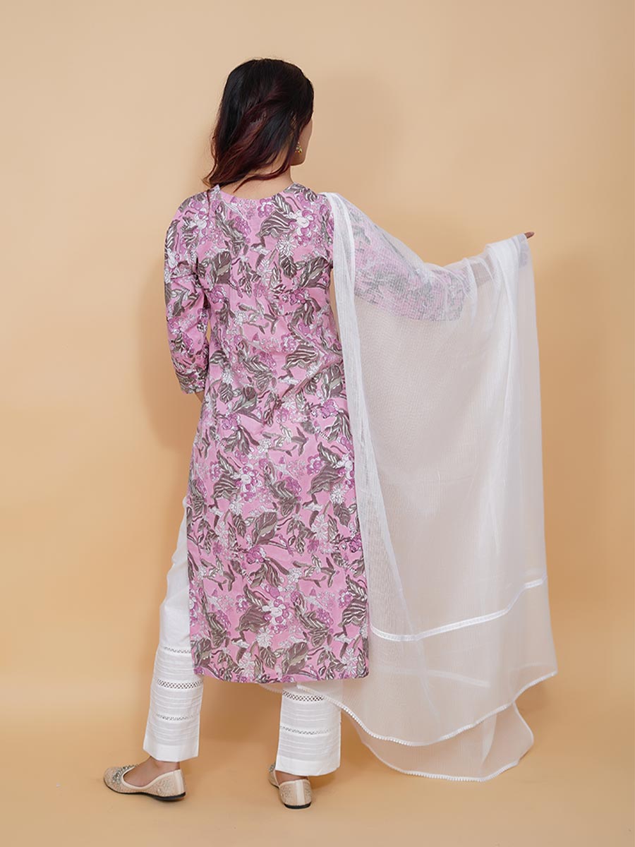 Pink Cotton Dabu Print Suit Set