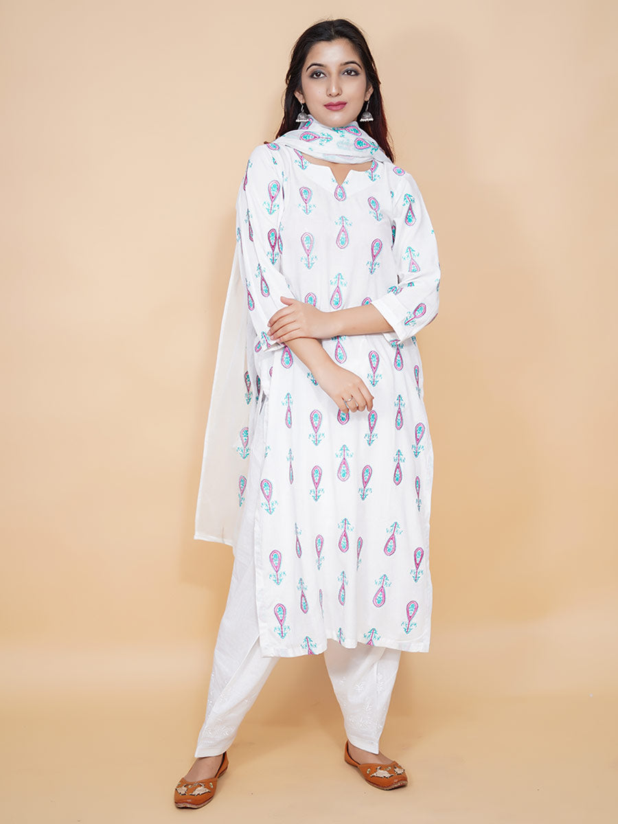 White Machine Work Cotton Dupatta