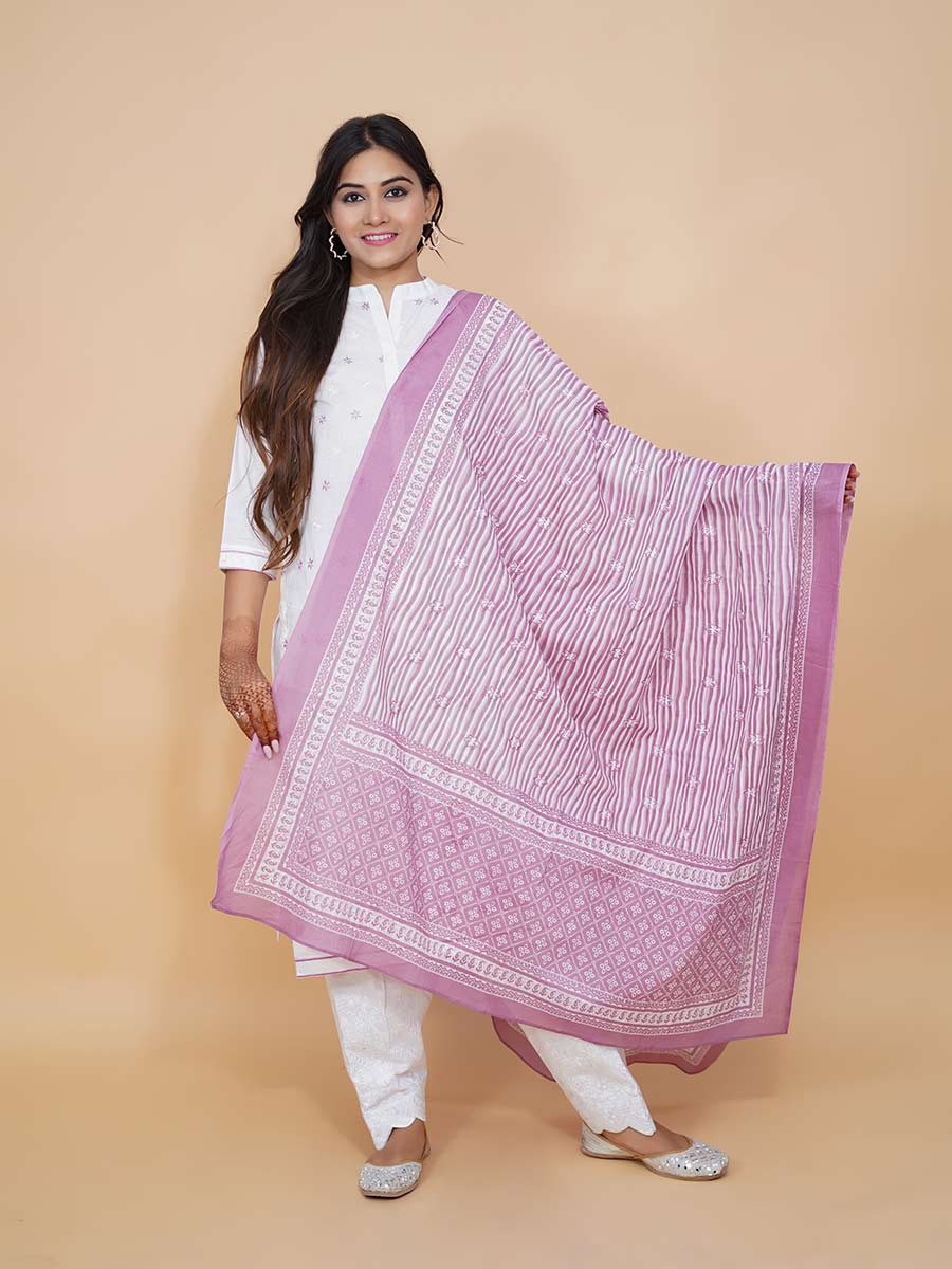 White Cotton Block Print Machine Work Suit Set