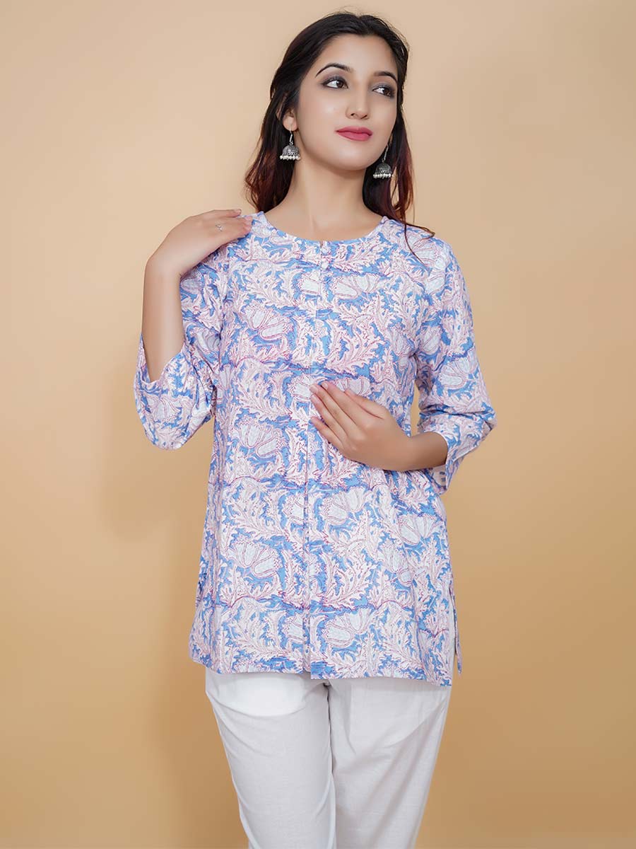Blue Dabu Printed Cotton Short Kurta