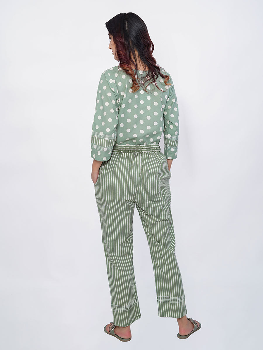 Green Cotton Polka Dot & Striped Print Suit Set