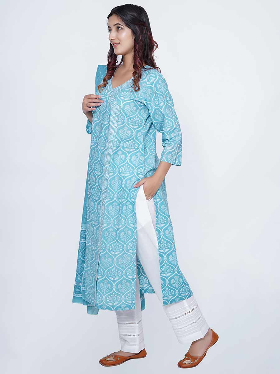 Blue Cotton Block Print Suit Set