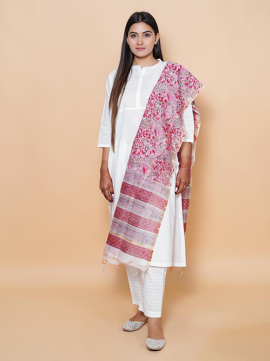 Pink Printed Maheshwari Silk Dupatta