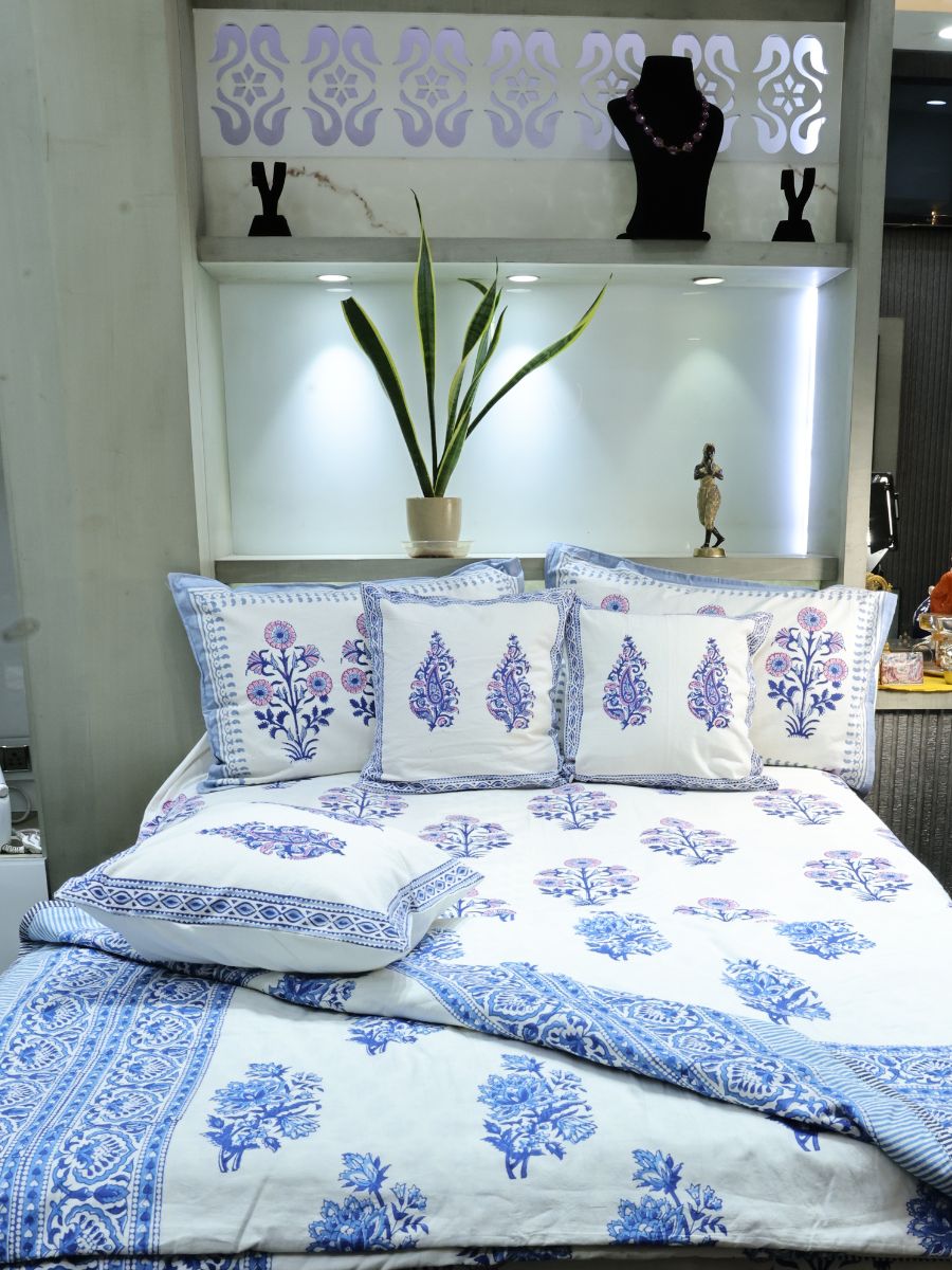 Blue Handblock Print Double Bedsheet