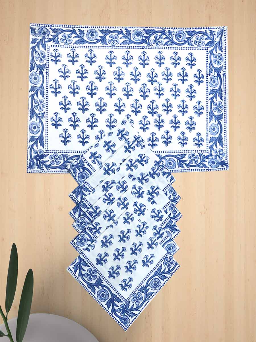 Blue Handblock Print Cotton Table Mat Set