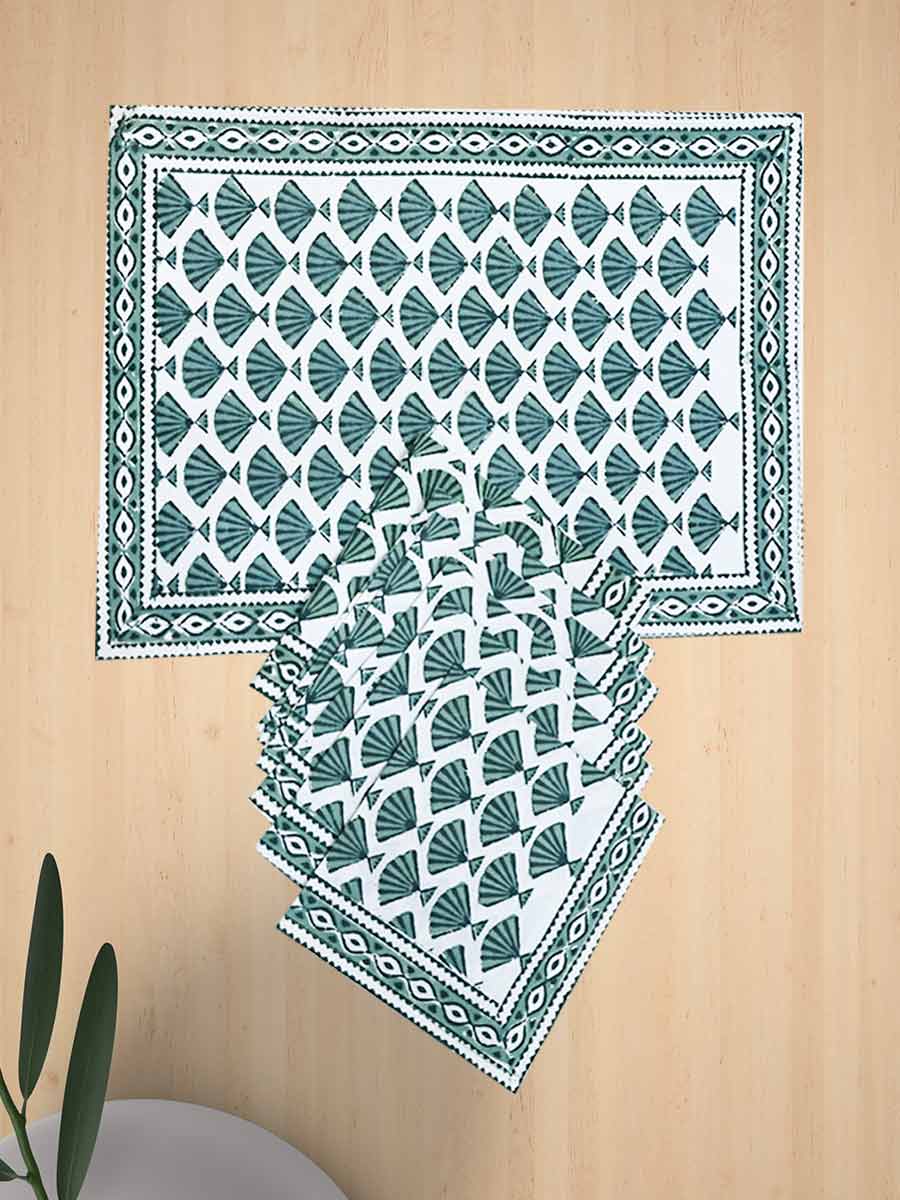 Green Handblock Print Cotton Table Mat Set