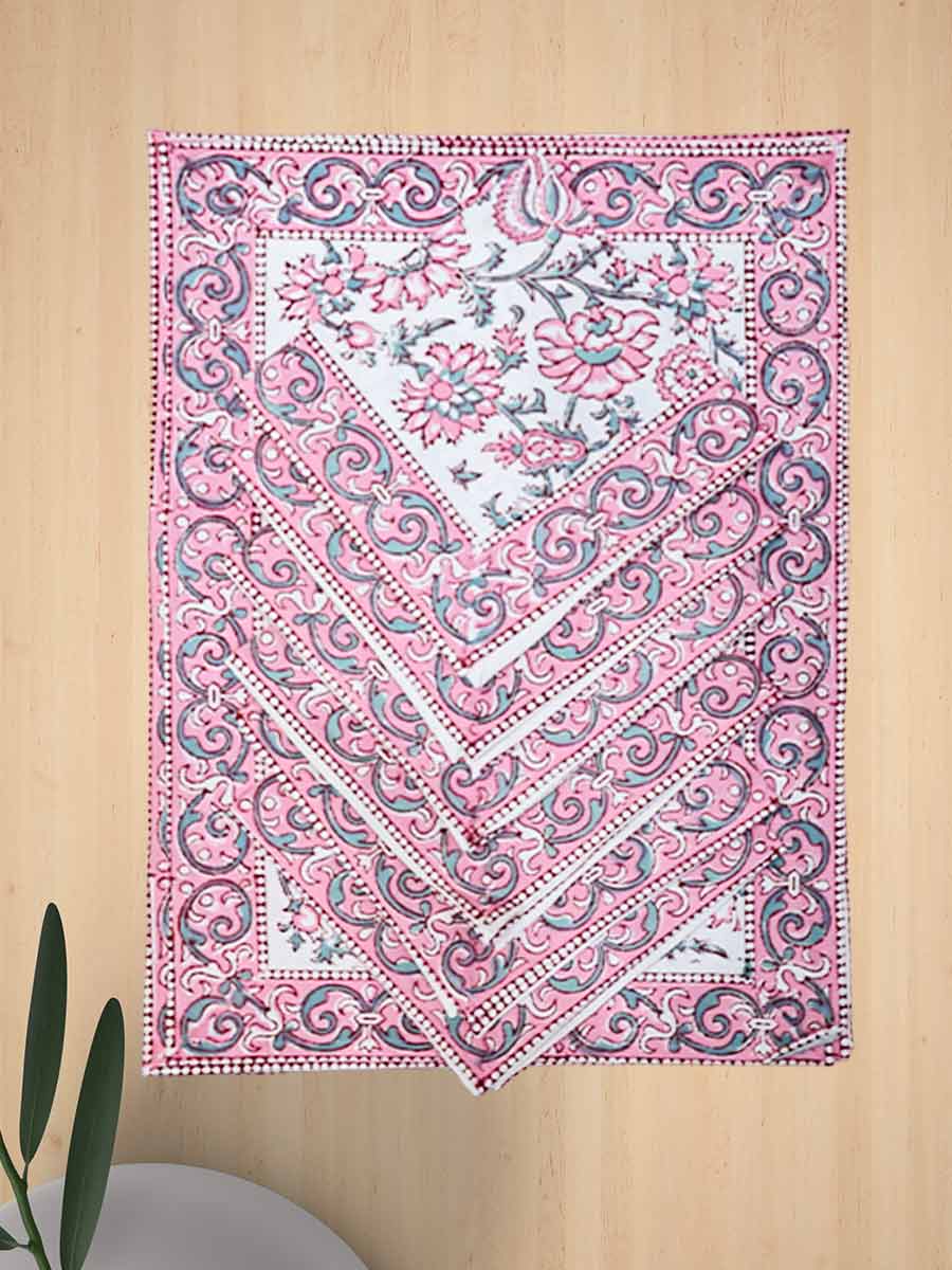 Pink Handblock Print Cotton Table Mat Set