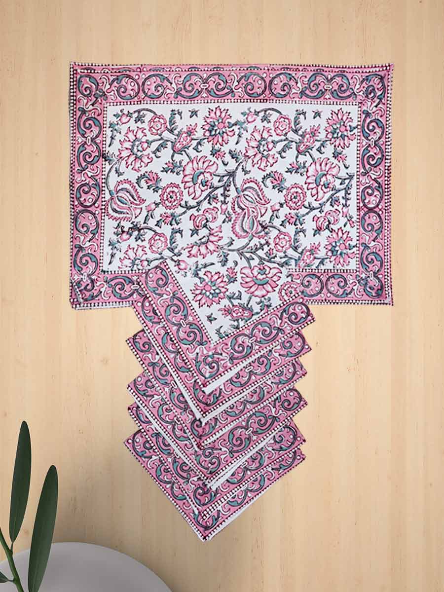 Pink Handblock Print Cotton Table Mat Set