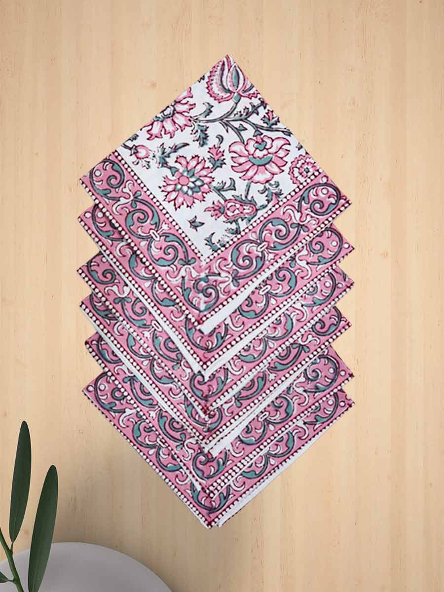 Pink Handblock Print Cotton Table Mat Set