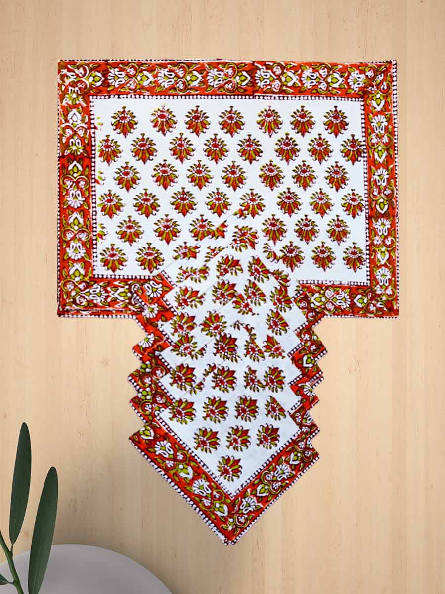 Orange Handblock Print Cotton Table Mat Set