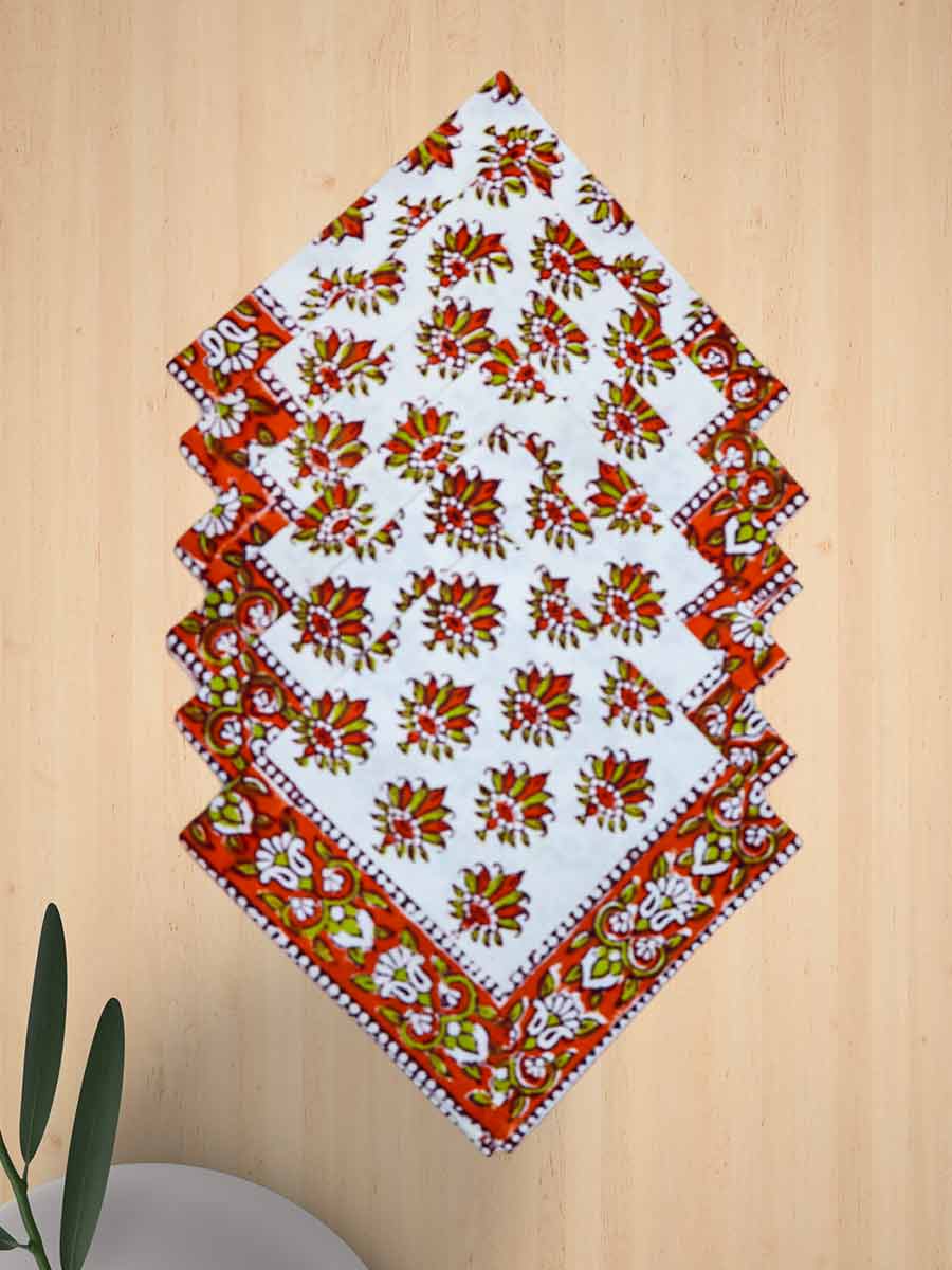 Orange Handblock Print Cotton Table Mat Set