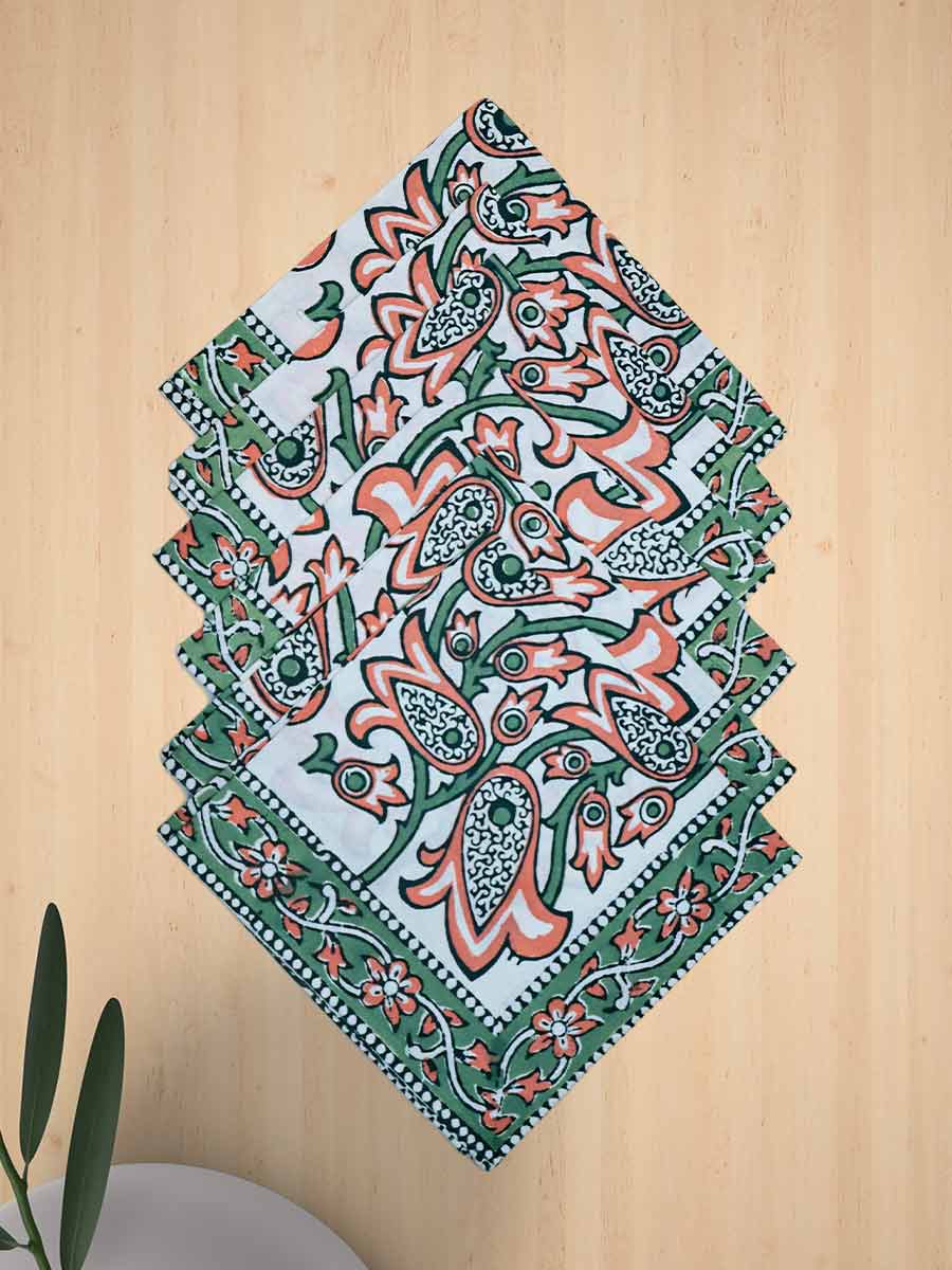 Green Handblock Print Cotton Table Mat Set