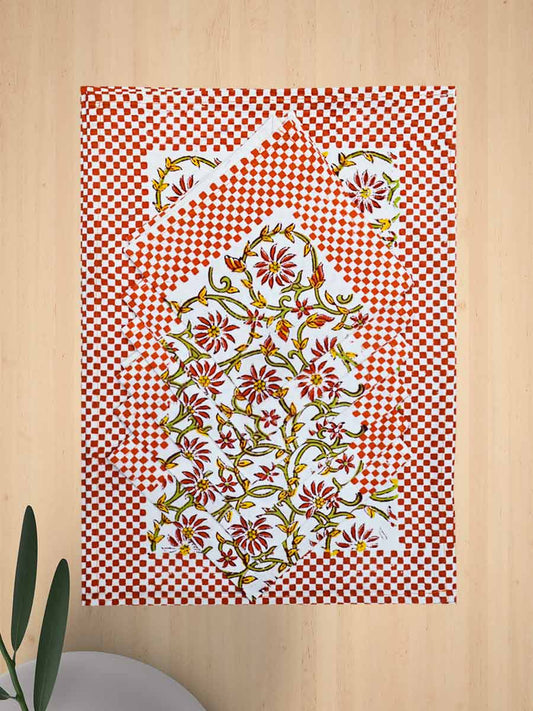Orange Handblock Print Cotton Table Mat Set