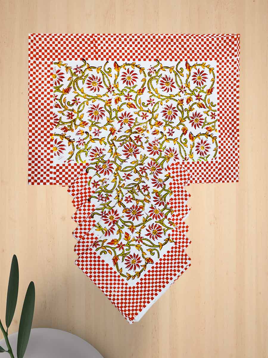 Orange Handblock Print Cotton Table Mat Set
