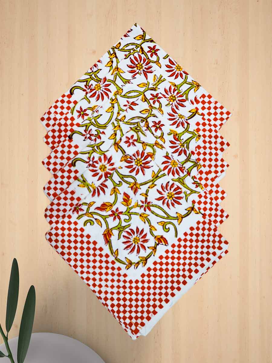 Orange Handblock Print Cotton Table Mat Set