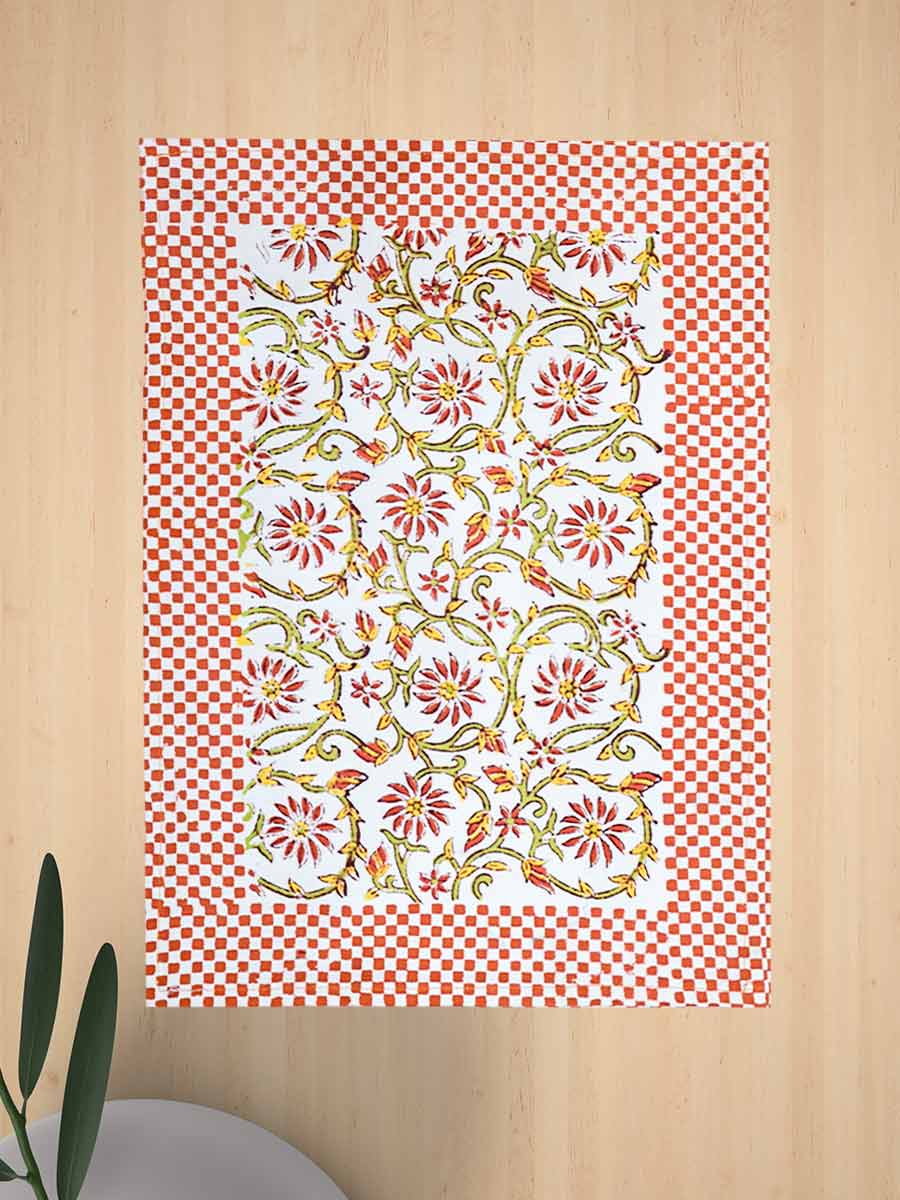 Orange Handblock Print Cotton Table Mat Set